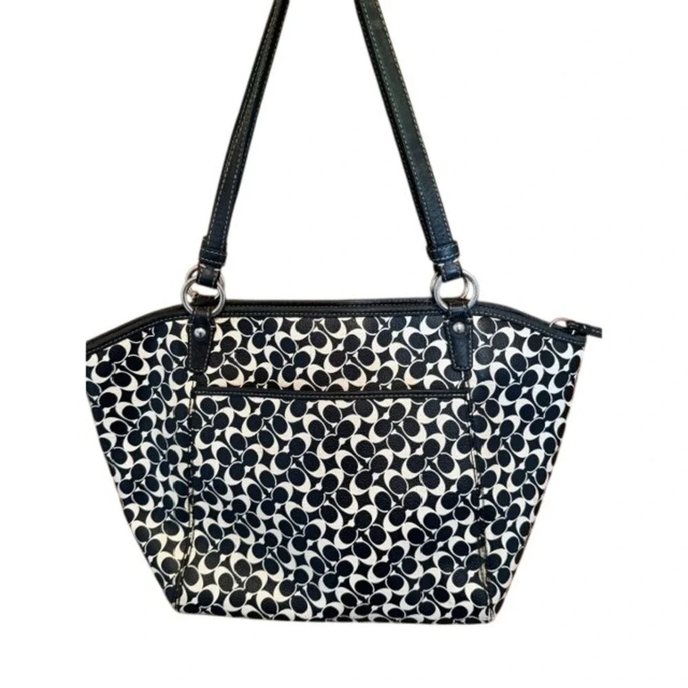 Coach Signature C Y2K Chelsea Leah Monogram Black White Canvas Leather Trim Tote